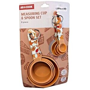 Fall Leaves Measuring Cups and Spoons Plastic Metal Handles Rings Kitchen 8-Pc